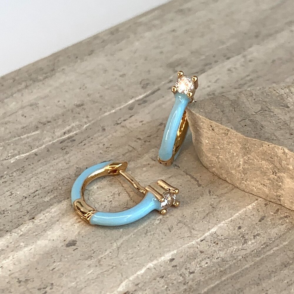 NEW~ Anthropologie Crystal & Blue enamel Huggie Hoop Earrings